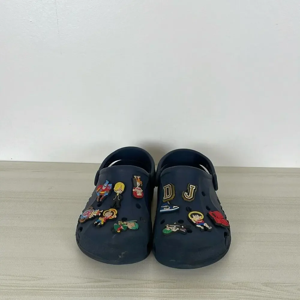 Crocs Youth 4-6 Blue Clog Sandals With Charms Casual Lightweight Beach Shoes